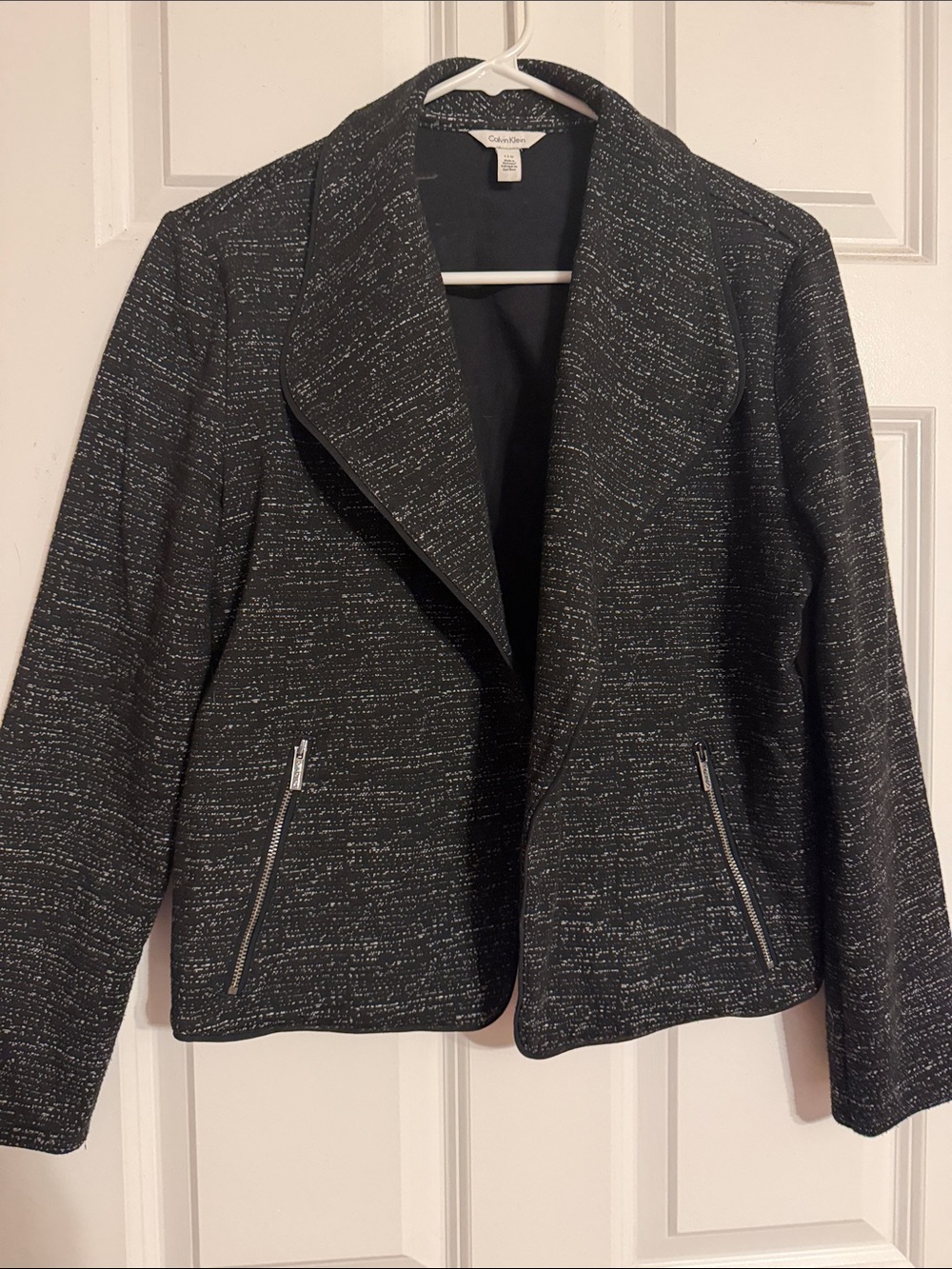 Calvin Klein Black Tweed Zip-Pocket Open Blazer